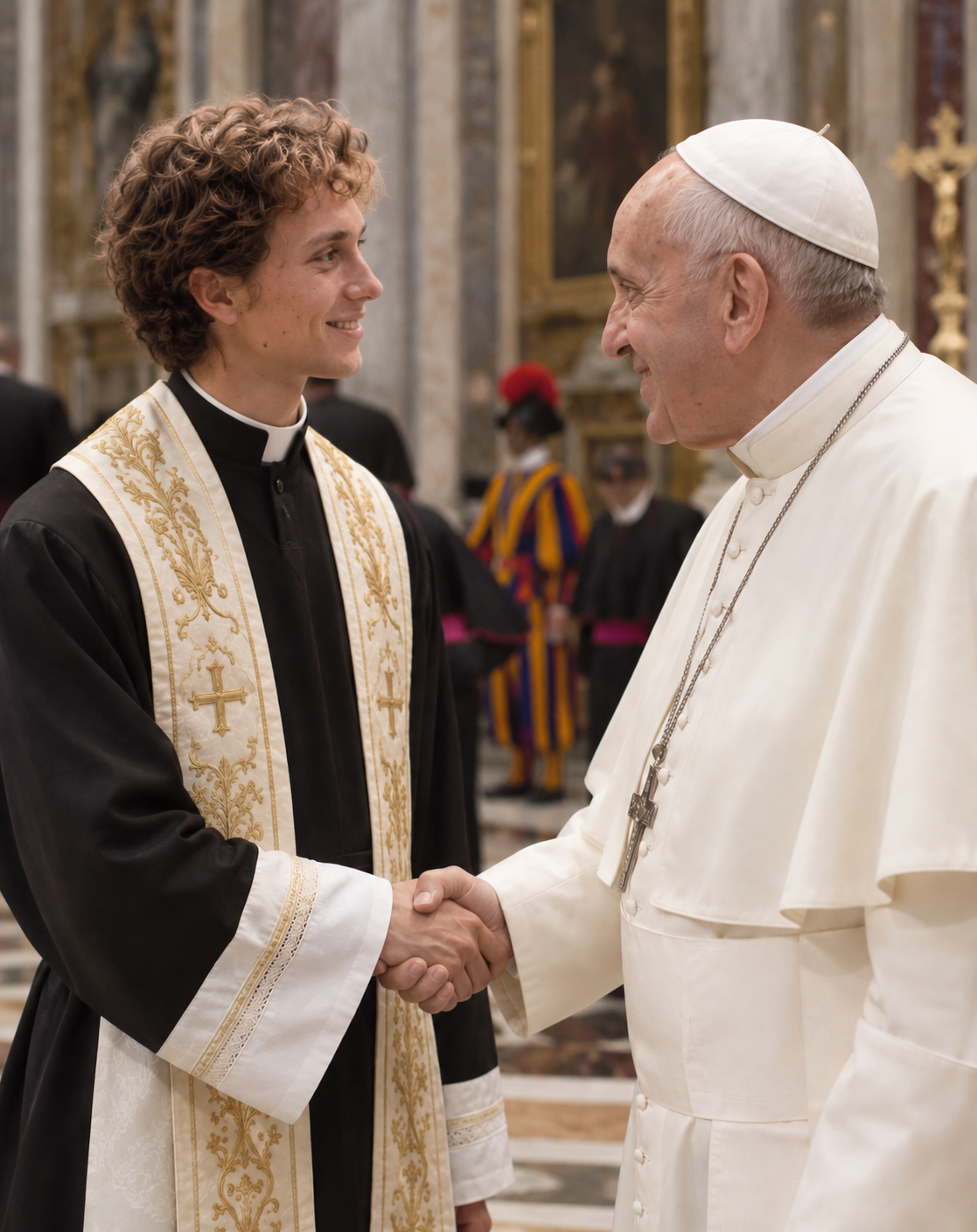 Ryder Mann in black cassock and embroidered stole shaking hands with a smiling figure in white papal vestments, with a Swiss Guard behind them